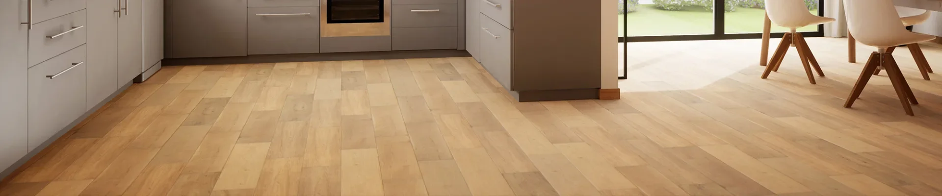 hardwood floors in modern kitchen with grey cabinets